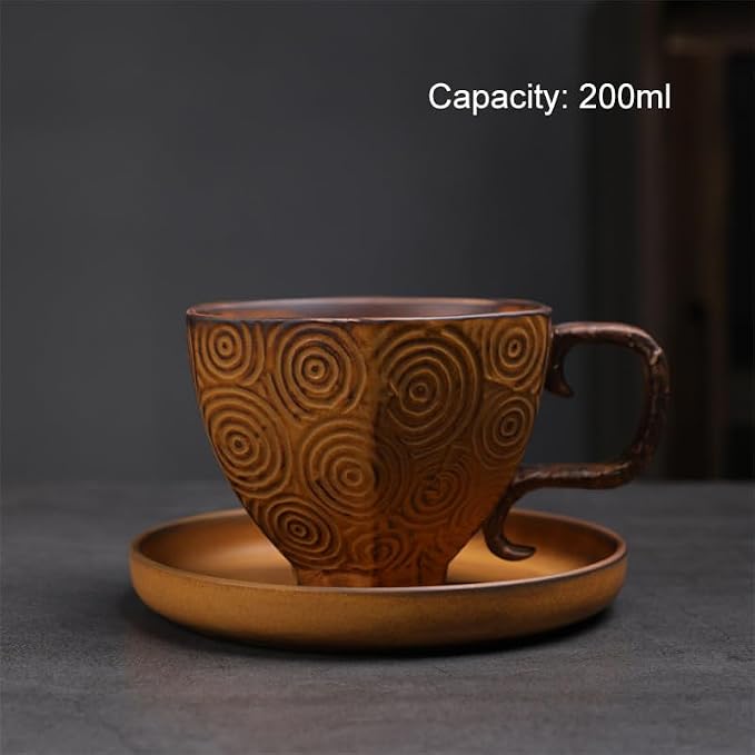 Rustic Kiln Glaze Textured Ceramic Coffee Mug with Saucer, Vintage Wabi Sabi Latte Tea Cup Multiple Styles, set of 1 (MIXED011)