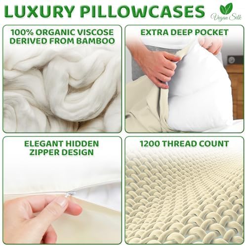 Pillow Cases - 100% Viscose Derived from Bamboo - Cooling Pillowcase - King Size, Cream, Set of 2 Zippered - for Hot Sleepers - Soft Pillow Covers - by Vegan Silk