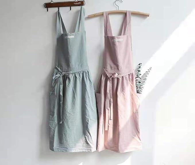Cotton and linen Kitchen Cooking Aprons Dress for Women with Pockets Cute for Baking Painting Gardening Cleaning