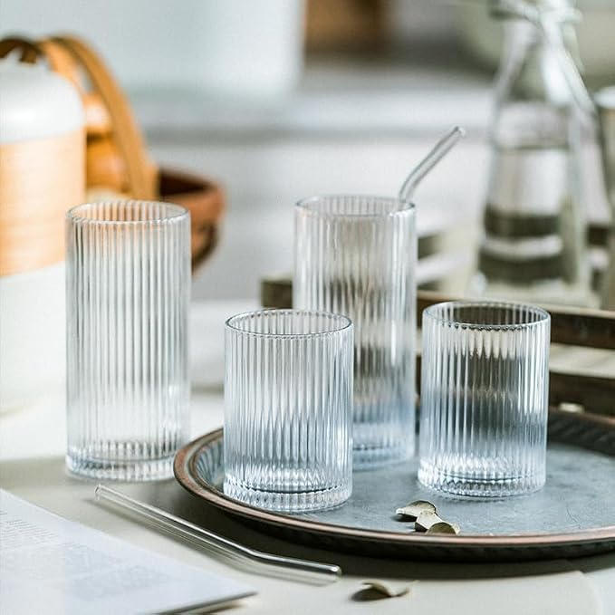 Drinking Glasses with Origami Style Set of 4 Glass Cups, 9oz Ribbed Glassware, Art Deco Drinking Glass, Elegant Ripple Vintage Glassware, Ideal for Cocktail, Whiskey, Soda, Juice