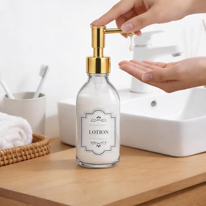 8 oz Clear Glass Pump Bottle, 250ml Small Lotion Dispenser Bottle for Body Massage Oil, Refillable Empty Hand and Dish Soap Dispensers Set with Plastic Golden Pump, Labels - 2 Pack