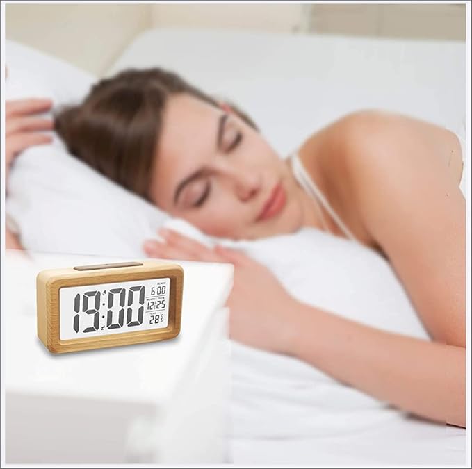 Alarm Clocks, Digital Alarm Clock Wooden Large LED, Smart Sensor Night Light with Snooze, Date, Temperature, 12/24Hr Switchable,Easy to Use,Solid Wood Shell, for Bedrooms and Travel