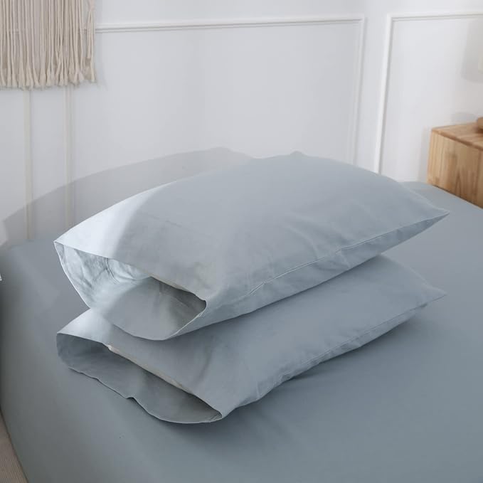 Simple&Opulence Linen Pillowcases 1 Pair Basic Style 55% Euro Linen 45% Cotton Blend Solid Color Flax Shams Set of 2, King Size 20"x40", Dusty Blue