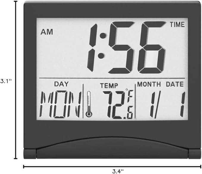KANBIT Small Digital Travel Alarm Clock Battery Operated, Portable Large Number Display Alarm Clock with Date & Temperature,12/24 H Small Desk Clock-Black(No Light)