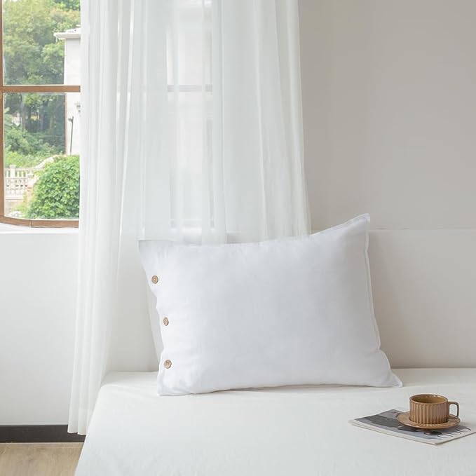 EVERLY 100% Linen Pillowcases Set of 2, French Linen from Normandy, 20X30Inch Standard Size, Natural Color, Coconut Buttons Closure, Flax Pillowshams-Pillowcase-White