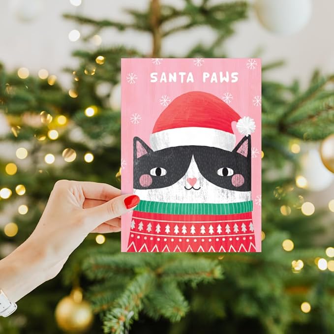 Tree-Free Greetings - Happy Holidays Greeting Cards - Artful Designs - 12 Cards + Matching Envelopes - Made in USA - 100% Recycled Paper - 5"x7" - Santa Paws (HP60510)