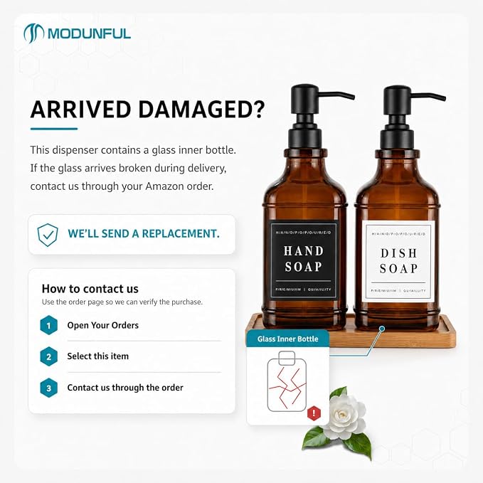 Glass Countertop Soap Dispenser Set: Modunful M1 DM2670 Amber 2 Pack 16.9oz | Anti-leak Stainless Steel Pump, Bamboo Tray, Silicone Funnel,60 Waterproof Residue Free Labels, Bathroom Decor