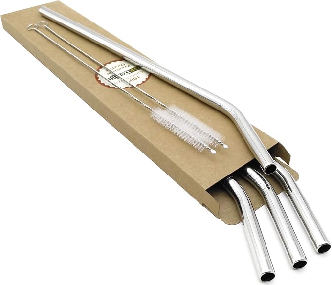 Big Drinking Straws Reusable 12 Inches Extra Long 9mm Extra Wide SUS 304 Food-Grade 18/8 Stainless Steel - Set of 4 with 2 Cleaning Brushes - Bent