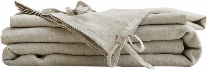 Simple&Opulence 100% Linen Duvet Cover Set 3pcs with Bowknot Ties Closure Natural French Washed Flax Solid Color Soft Breathable Farmhouse Bedding - Linen, Queen Size