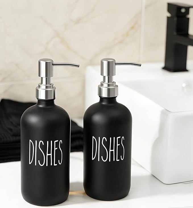 Black Glass Soap Dispenser with Stainless Steel Pump, Farmhouse Style Hand & Dish Soap Dispenser for Bathroom and Kitchen Sink, Soap Dispenser for Kitchen Sink (Black d)