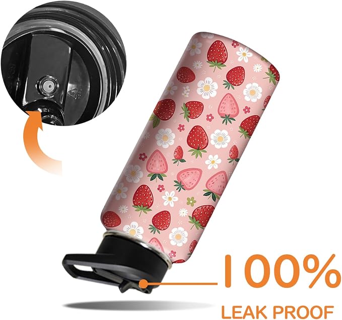 18oz Pink Strawberry Water Bottle with Handle and Flip Straw, Sports Stainless Steel Insulated Cup Travel Coffee Mug Tumbler, Birthday Mothers Day Chritmas Gifts for Women