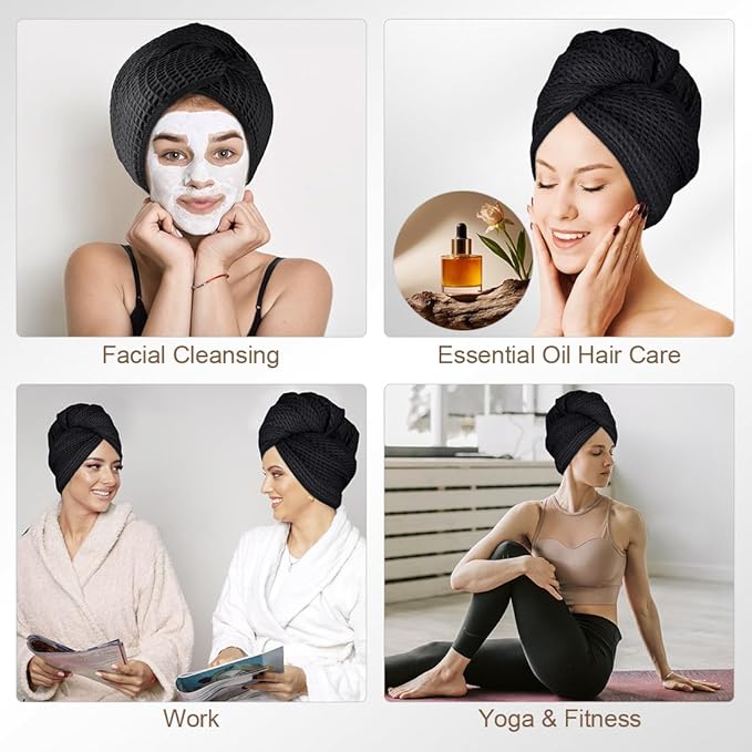HOMEXCEL Large Microfiber Hair Towels 2 Pack, Waffle Weave Black Hair Towels - 40 x 26.5 inches Fast Drying Turbans for Long, Thick, Curly Hair - Anti Frizz Wrap with Elastic Strap
