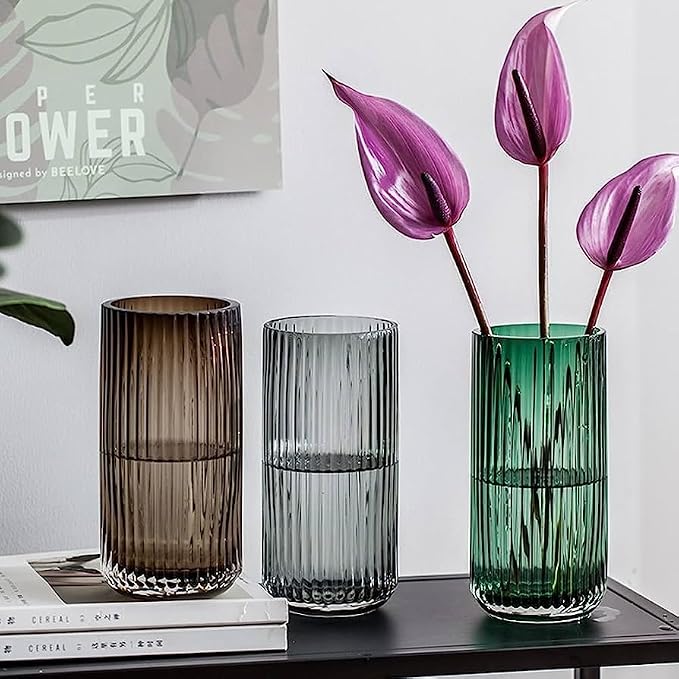 DECORPIA 10 Inch Premium Thickened Green Glass Vase - Ribbed Glass Flower Vase for Rustic Home Decor, Decorative Vases for Flowers for Modern Farmhouse, Ideal for Shelf, Mantle, Table Entryway Décor