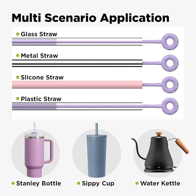 Silicone Straw Cleaner Brush, 2 Pcs Reusable Cleaning Brushes for Straws, 6mm&9mm, Purple