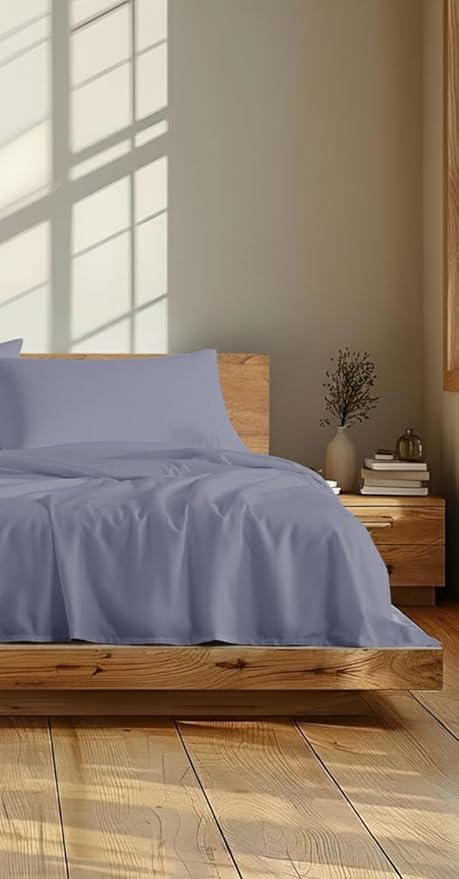 Linen Closet 3 Pc 100% Organic Cotton Twin Sheets Set, Blue, 300 Thread Count, Naturally Derived EarthColors, Deep Pocket Fitted Sheet (Up to 18"), Smooth & Soft Bed Sheets Set, Juego De Sábanas Twin