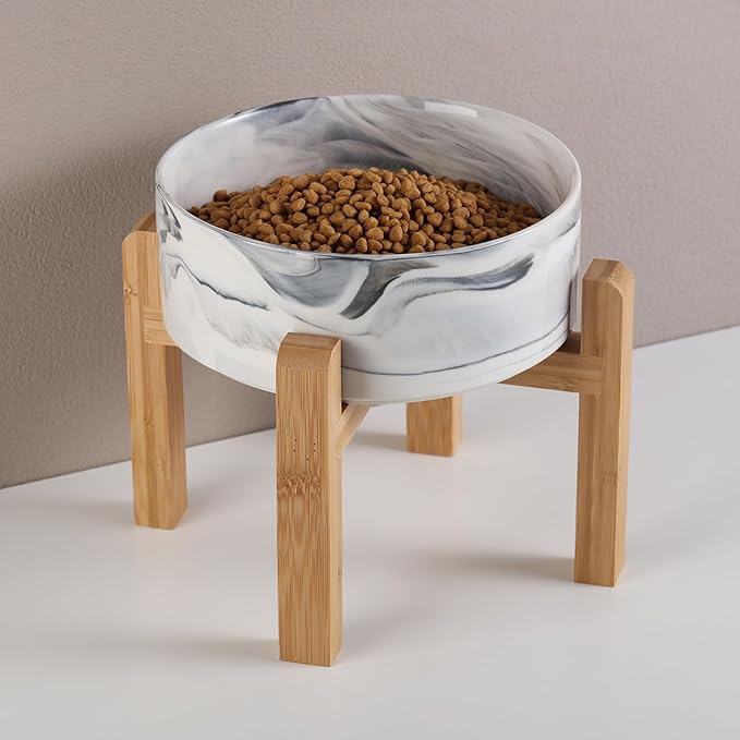 Raised/Elevated Ceramic Dog Bowl for Small Medium Sized Breeds,Dog Food Water Bowl with Stand,6 in Non Slip Heavy Pet Feeding Dish 3.6 Cups/ 850 ml /28 OZ Marble Grey