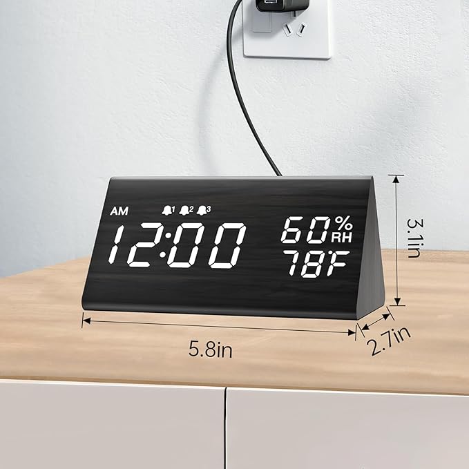 JALL Wooden Digital Alarm Clock for Bedrooms and Office, 3 Alarms with Large Numbers for Beside Table Living Room, Humidity and Temperature, 6-Level Dimmer, Snooze, Loud Desk Clock for Heavy Sleepers