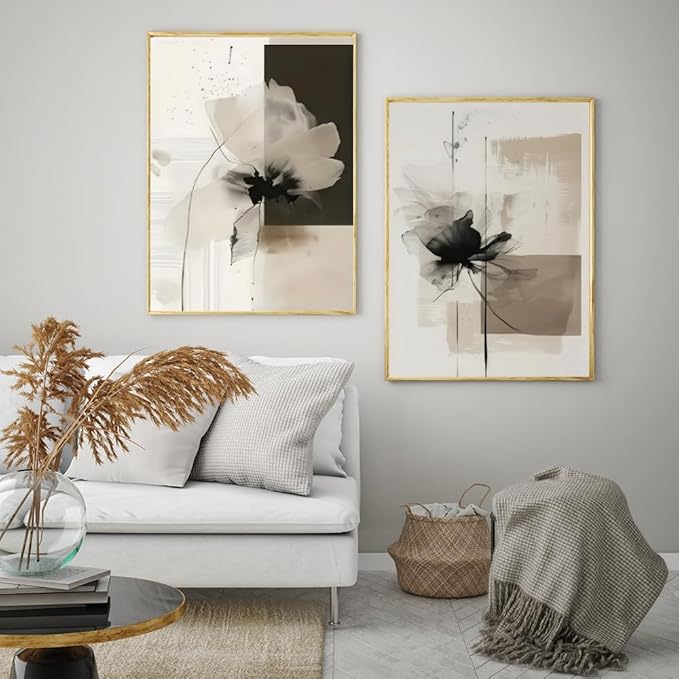 Minimalist Abstract Floral Wall Art Prints Set of 2 Neutral Beige Black Flower Canvas Painting Poster Trendy Botanical Picture for Gallery Modern Japandi Boho Home Decor 8x12inch Wrapped Framed