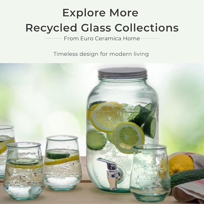 Euro Ceramica Barra Collection Stackable Recycled Glass Tumblers, 10 oz Drinking Glasses, Set of 6