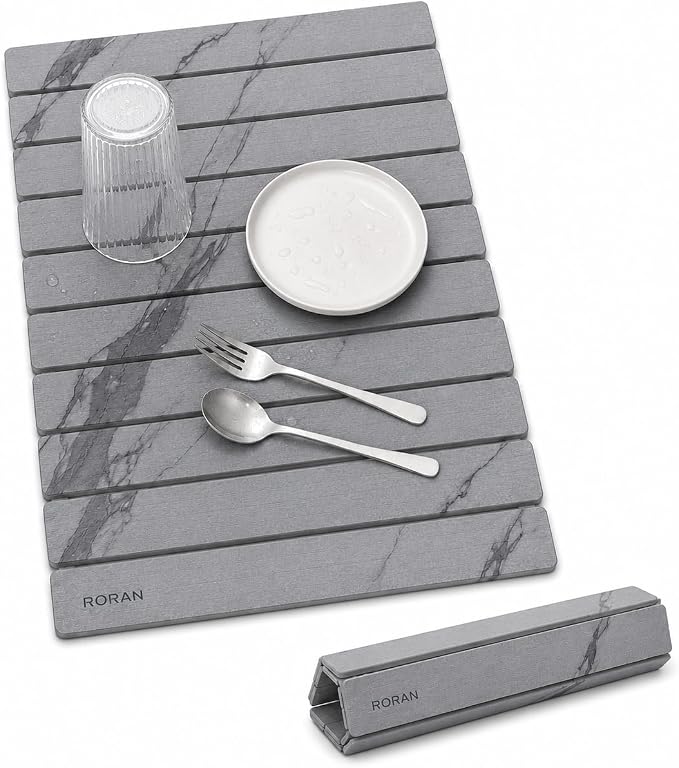 Stone Dish Drying Mat for Kitchen Counter, 24 x 16 inches, Fast Drying Collapsible Dish Drying Mat, Eco-Friendly Absorbent Diatomaceous Earth Mats for Dishes Bottles Cups (Cloud Gray)