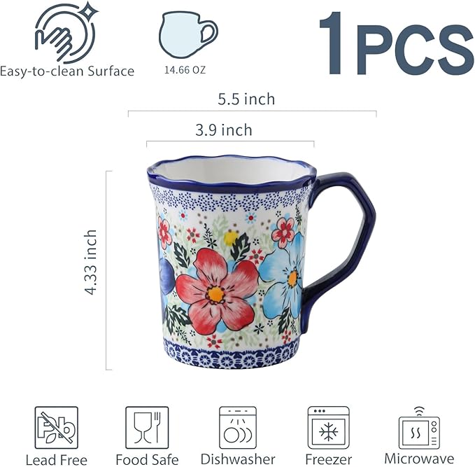 Handmade Ceramic Coffee Mug 13 oz Large Porcelain Pottery Cup For Coffee, Tea Cappuccino, Americano, Latte, Dishwasher Microwave Safe Day Gift for Moms, Girls, Ladies Housewarming Present