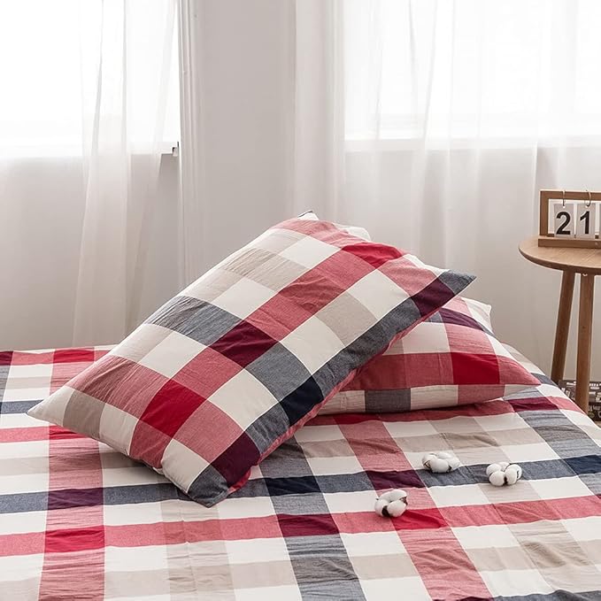 FACE TWO FACE Bedding Duvet Cover Set100% Washed Cotton Duvet Cover Linen Like Textured Breathable Durable Soft Comfy (Queen, Blue red Grid)