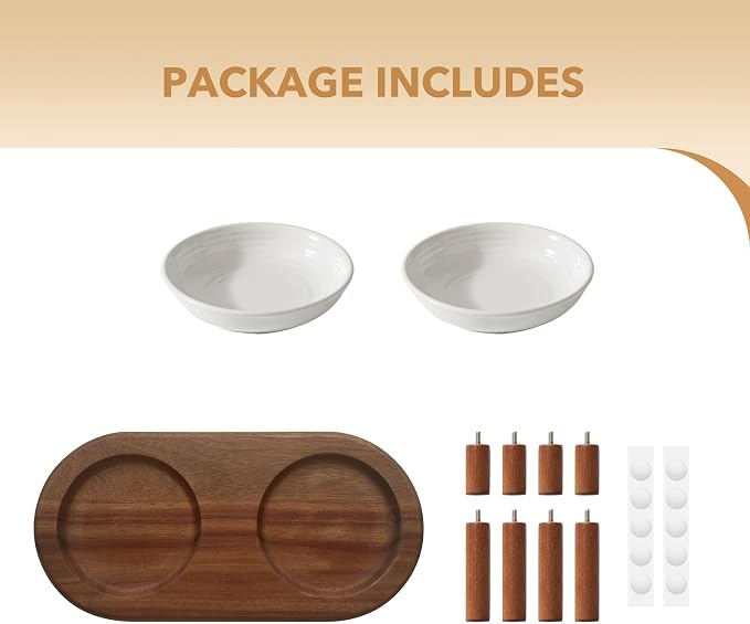 Havniva Elevated Cat Bowls Raised Ceramic Cat Bowl, 5.7” Wide Opening Cat Food Bowl Whisker Friendly Cat Dish Anti-Slip with Wood Stand, Shallow Pet Food & Water Bowl for Indoor Cats