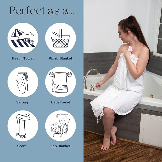InfuseZen Stonewashed Turkish Cotton Bath and Beach Towel - Off White | 100% Organic, Thin, Soft, Lightweight, Absorbent, Quick-Drying, Large Peshtemal, Sand-Resistant for Shower, Pool, Spa, Travel