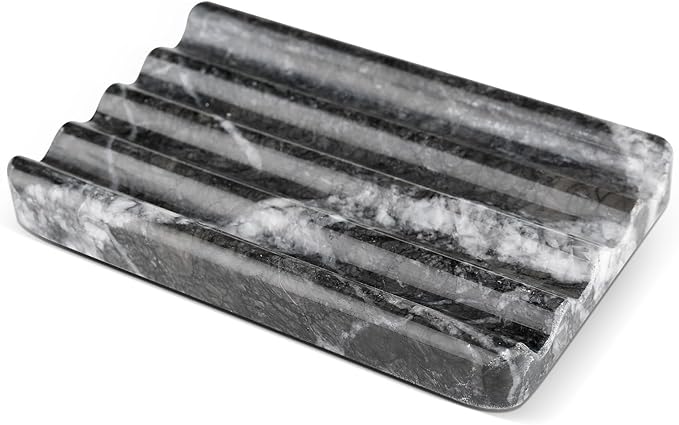 Karibiber Marble Soap Dish, Bar Soap Holder Shower, Black Soaps Bathroom Saver with Water Ripple Design, Easy Cleaning Natural Stone Sponge Holder for Kitchen Sink, Executive Jewelry Ring Tray