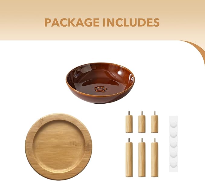Havniva Elevated Cat Bowls Raised Ceramic Cat Bowl, 5.7” Wide Opening Cat Food Bowl Whisker Friendly Cat Dish Anti-Slip with Bamboo Stand, Shallow Pet Food & Water Bowl for Indoor Cats