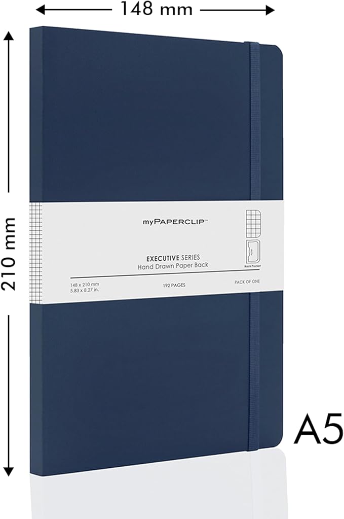 myPAPERCLIP Executive Series A5 Checks/Square Grid Notebook | 192 Pages, 80 GSM, Soft Cover, A5 (5.83 x 8.27 in) | Flat Lay | Bookmark, Elastic Closure & Back Pocket | Blue
