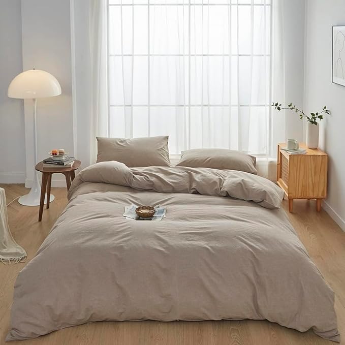 FACE TWO FACE Bedding Duvet Cover Set100% Washed Cotton Duvet Cover Linen Like Textured Breathable Durable Soft Comfy (Queen, Khaki)
