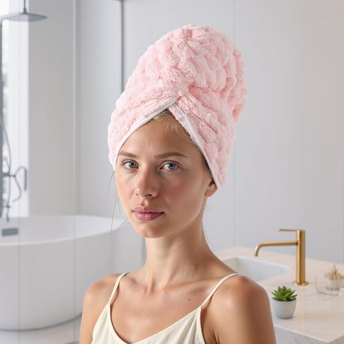 REDKISS 2 Pack Microfiber Hair Towels - Extra Large Hair Towel Wrap for Women, 24x42 inch Pink Hair Towels with Elastic Strap, Super Soft Blue Hair Drying Towels Curly Anti Frizz Turbans