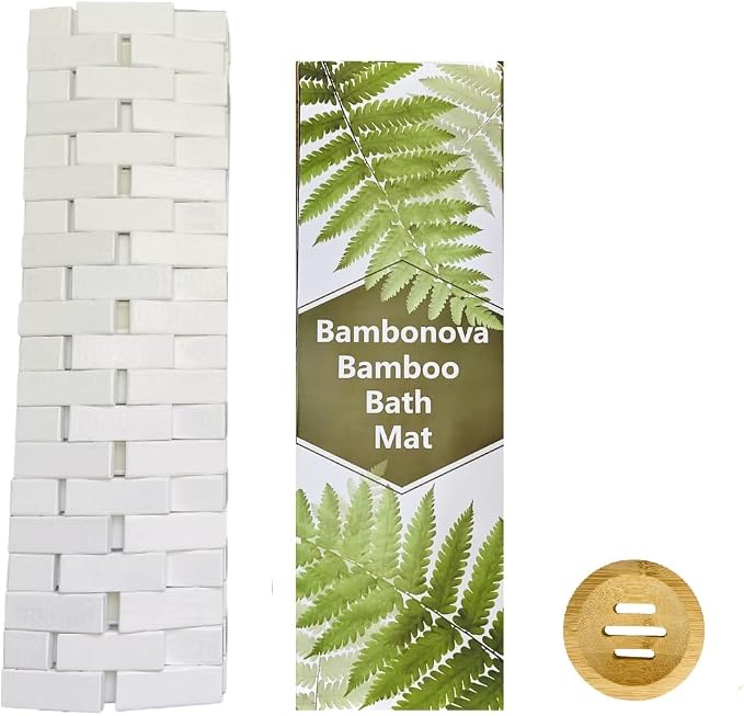 Bamboo Bath Mat White Bamboo Mat 48 x 16 Inches and Wooden Soap Dish Set Bathroom Rugs Bathtub Mat Non Slip Bath Mats for Bathroom, Kitchen Sauna Spa Hot Tub Outdoor Decor