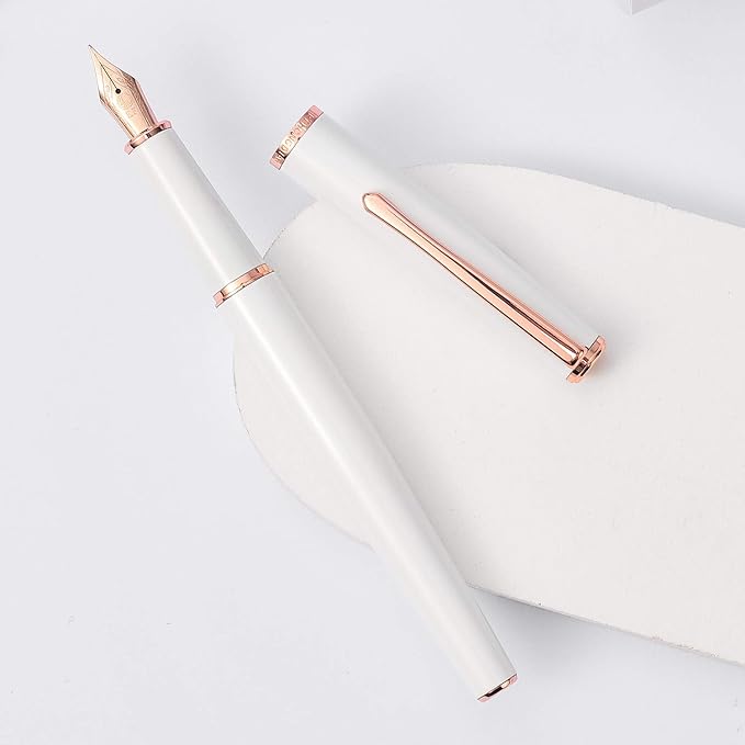 HongDian 920 White Metal Fountain Pen, Rose Gold Plated Extra Fine Nib Smooth Writing Pen, Classic Pen with Ink Converter