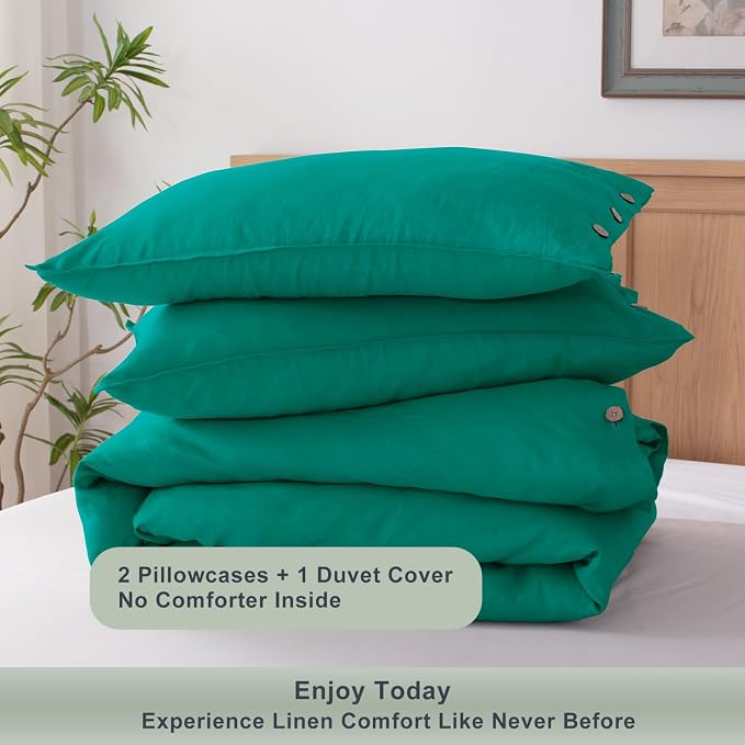 TOSMO 100% Linen Queen Duvet Cover Set, Luxury French Flax Natural Linen Duvet Cover with Button Closure & Corner Ties, Cooling Breathable Comforter Cover 3 Piece (Teal)
