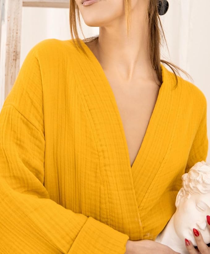 100% Cotton Muslin Kimono Robe for Women, Lightweight Gauze Bathrobe, Soft Breathable Spa Robe