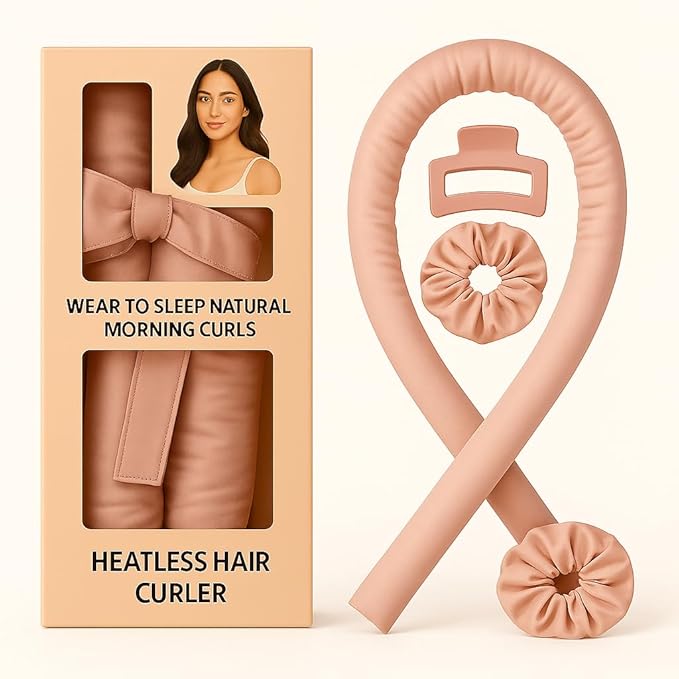 Heatless Hair Curler Set for Women - Satin No-Heat Curling Rod with 2 Scrunchies & Hair Clip, Overnight Heatless Curls for All Hair Types (Pink)