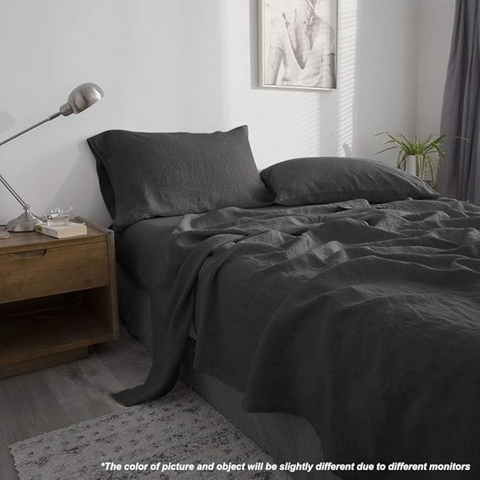 100% French Linen Pillowcases with Embroidery - Pack of 2 - Washed Solid Color Natural Flax Soft Breathable - Dark Grey, 20'' x 40''