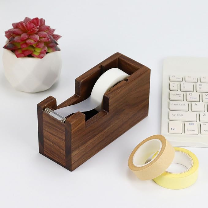 Buqoo Walnut Wood Tape Dispenser with Built-in Pen Holder – All-in-One Desk Organizer for Office/Home School