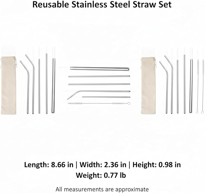 Reusable Stainless Steel Straw Set with Cleaning Brushes & Travel Pouch - 7 Piece Eco-Friendly Kit