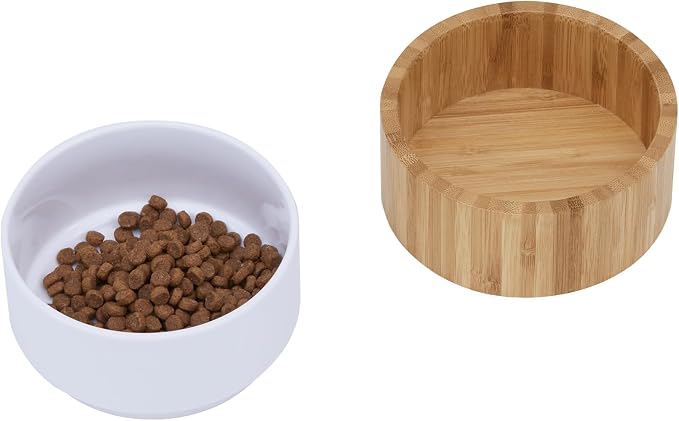 Teamson Pets Billie Elevated Ceramic Pet Bowl with Bamboo Stand,Brown