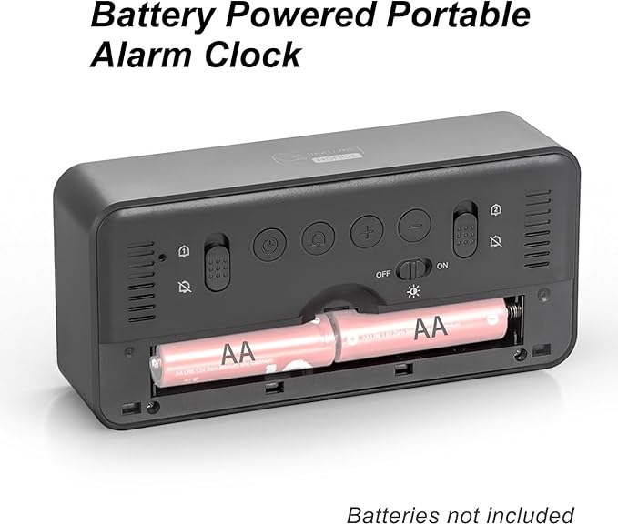 Digital Alarm Clock Battery Powered with Date | Indoor Temperature | Humidity | LCD Display | Dual Alarms | Snooze and Backlight Desk Small Clock (Black)