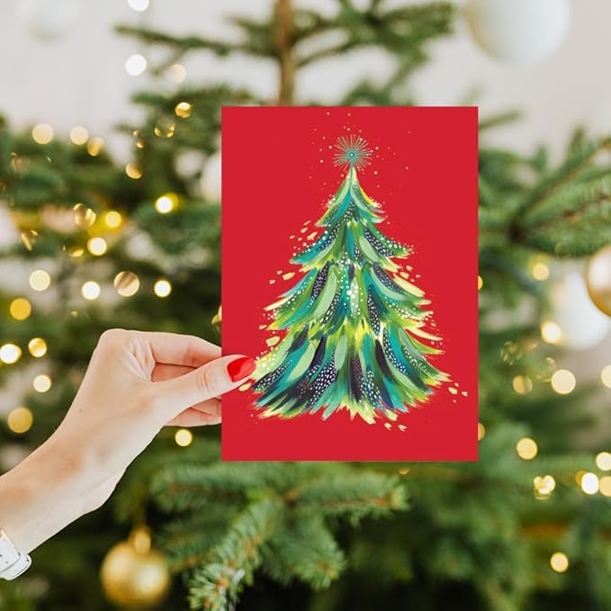 Tree-Free Greetings - Season's Greeting Card - Artful Designs - 1 Card + Matching Envelopes - Made in USA - 100% Recycled Paper - 5 x 7 - Red Tree (VO80703)