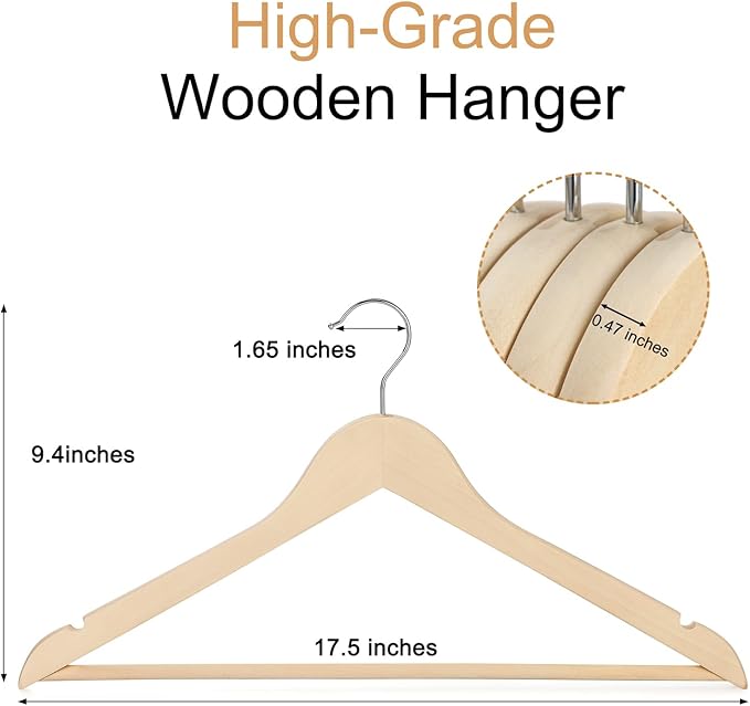 TOPIA HANGER Unfinished Natural Wooden Hangers 30 Pack- 360° Swivel Hook and Smoothly Cut Shoulder Notches-Premium Wood Clothes Hangers for Suit, Coat, Jacket, Pant, Camisole-CT10N30