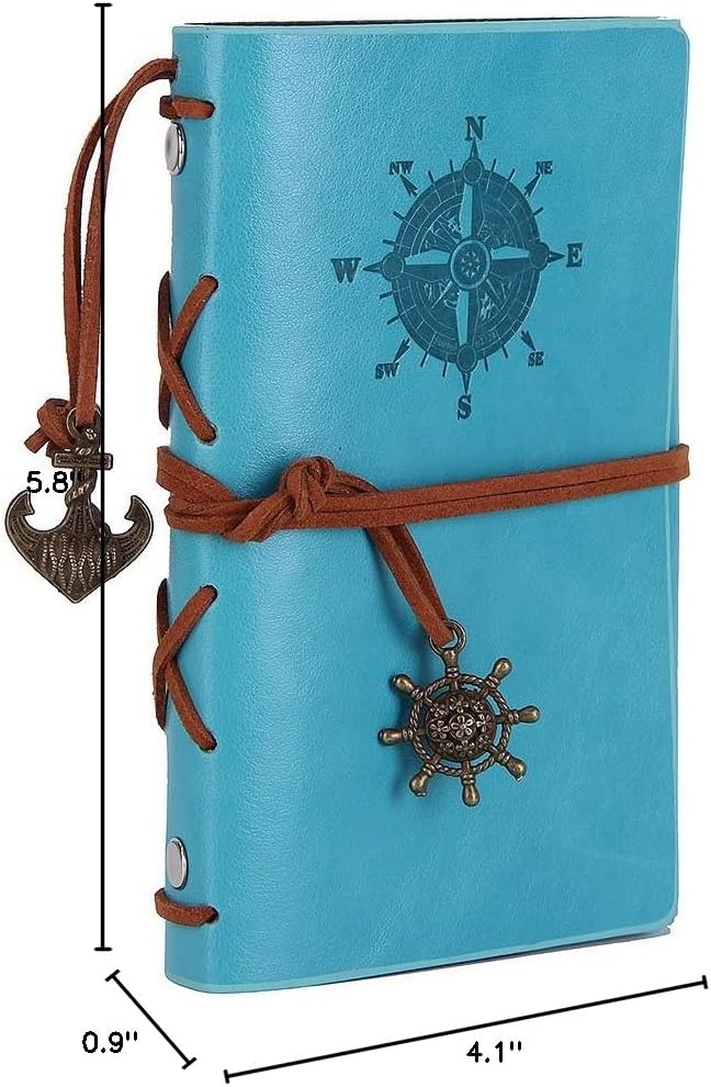 EvZ Retro Sky Blue Leather Journal - 5" Refillable Vintage Nautical Notebook with Anchor & Rudder Pendants - Small Spiral Blank Sketchbook for Travel, Dream Journaling & Art - Classic Embossed Diary, Pastel Blue