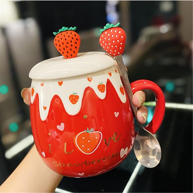 Coffee Mug Cups Ceramic Tea Cup Fruits Strawberry Shaped Handmade Cute Mugs With Lid Spoon Handle Office Home Hot Ice Chocolate Milk Mugs Gift Microwave Dishwasher Safe Travel Mugs (Strawberry)