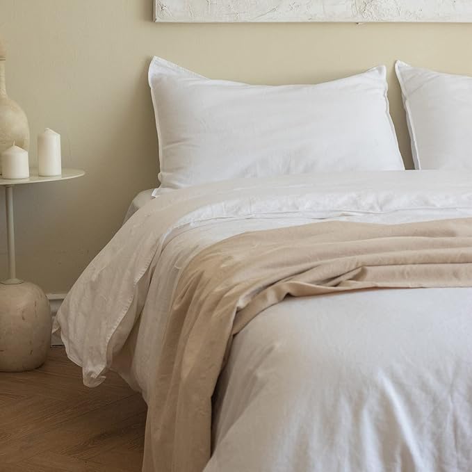 BISELINA French Linen Duvet Cover Set 3pcs with Hidden Zipper Closure Natural Flax Cotton Blend Solid Color Soft Breathable Luxury Farmhouse Bedding -King Size, White