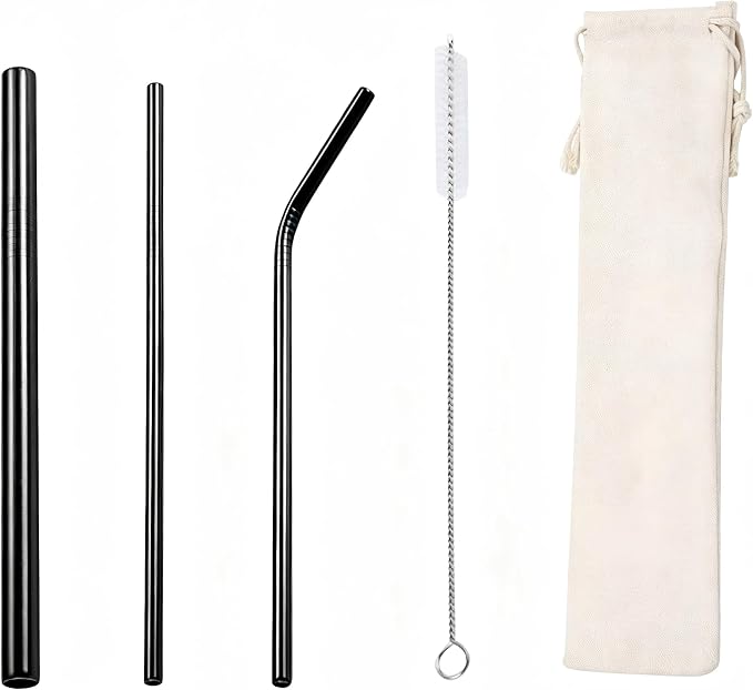 Food Grade 304 Stainless Steel Straw Set, Titanium Plated Colorful Reusable Metal Straws with Cleaning Brush for Coffee, Tea & Beverages (Luxury Black)