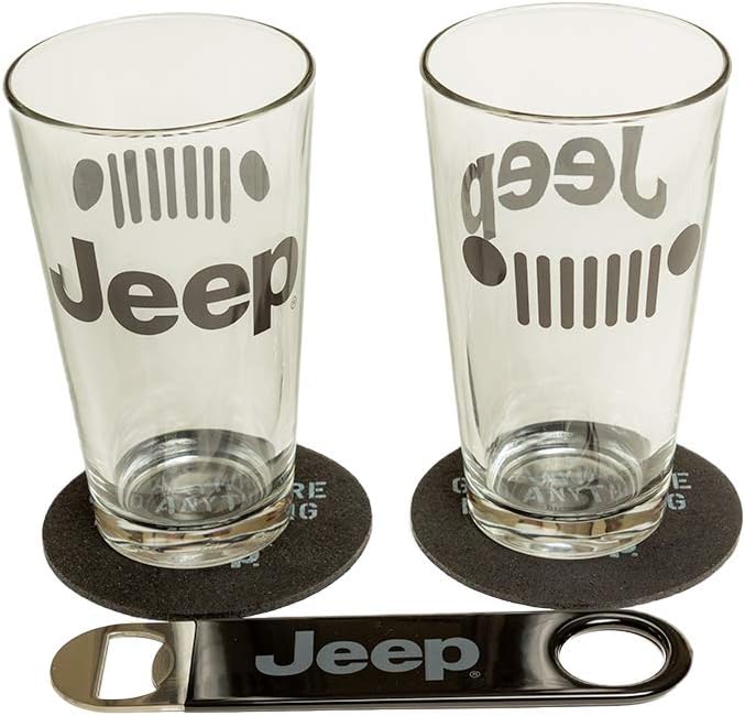 Detroit Shirt Company Jeep Pint Glass Gift Set – 2 Glasses, Recycled Tire Coasters, Bottle Opener – Off-Road Jeep Gift for Men – Licensed Set